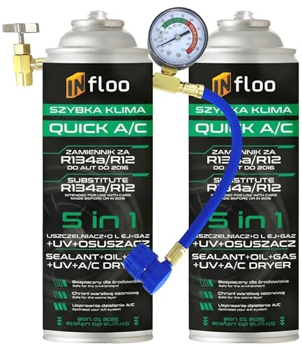 INfloo 2x Quick A/C 5en1 – (Gas R134a + Aceite + Sellador + Tinte UV + Deshidratante) + Manguera con manómetro + Guantes