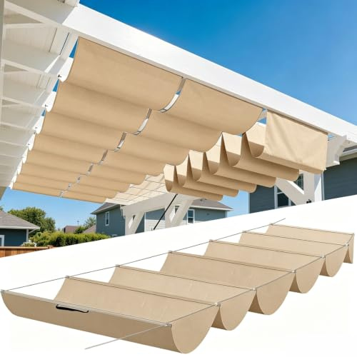 Vela Parasole a Onda Retrattile 380 x 500 cm Vele Ombreggianti Impermeabile Telo Parasole con Fune Occhiellato Protezione UV Tenda Vela per Cortile Veranda Gazebo, Cachi