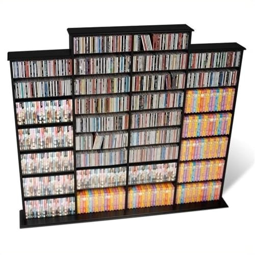 BOWERY HILL CD DVD Wall Media Storage Rack, 64 in Wide, Black Laminate, Adjustable Shelves, Holds 1520 CDs or 702 DVDs, Library Style Organizer for Home or Commercial Use