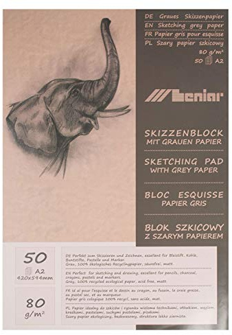 Honsell 31223 - Graubrauner Skizzenblock, 80 g/m², DIN A2, 50 Blatt, aus 100 % ökologischem Recyclingpapier mit rauer Oberfläche, zum Zeichnen und Skizzieren