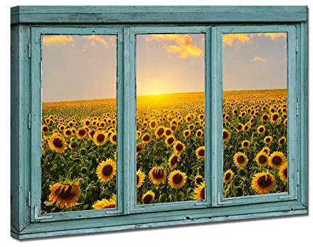 iKNOW FOTO Canvas Prints Wall Art Vintage Teal Window Looking Out Into Sunflower Pictures Warm Color Sunrise in The Field Landscape Painting Print Art Work for Living Room Decor 24x36inch