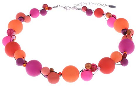 Adi Modeschmuck große Halskette “Amelia”, auffallende verflochtene Mischung aus Polaris-, Acryl- und Glasperlen in attraktiven Farbkombinationen, handgefertigt in Berlin (Orange, Pink- und Rottöne)