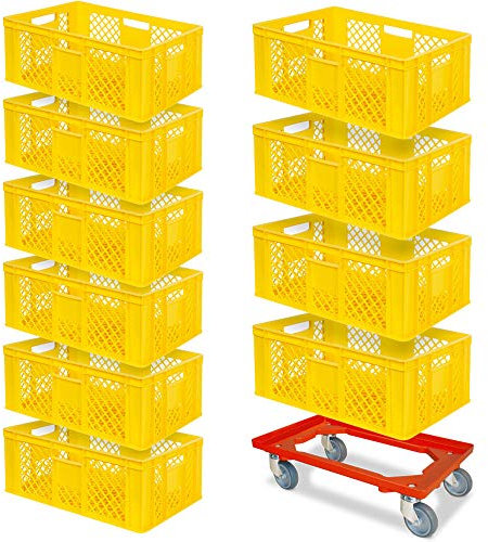 BRB Lot de 10 bacs Euro - 600 x 400 x 240 mm (L x l x H) - Qualité industrielle - Jaune + 1 chariot de transport - Rouge