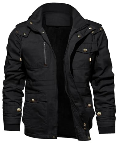 KEFITEVD vinterparkas herr, fleece, fodrad vinterjacka med många fickor, huva, varm, vinterkappa, övergångsjacka, militärjacka med ståkrage, Schwarz, XL