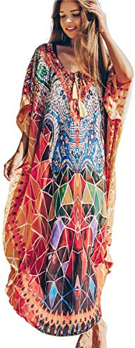 LikeJump Women's Cotton Print Kaftan Swimsuit Kimono Cover Up Loose Beach Robe Maxi Dress