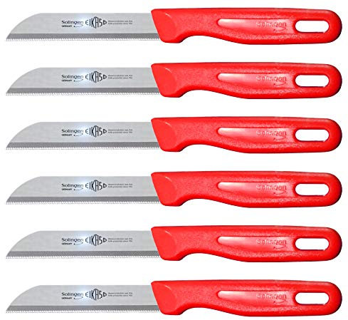 6 Stück Bunt Mix Eikaso® Solingen® Wellenschliff Brötchenmesser Schälmesser Gemüse- Obstmesser Fruit Knife 8cm (Rot)