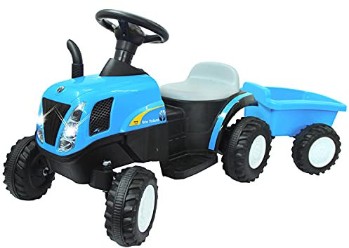 JAMARA 460482 Ride-on Traktor New Holland mit Anhänger 6V-leistungsstarker Antriebsmotor und Akku für Lange Fahrzeit, kräftigen Vortrieb, hohe Bodenfreiheit Motorsound, Licht vorne, Gaspedal, blau