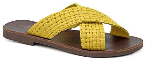 Emmanuela Sandali in pelle piatta greca antica, scivolo a mano di alta qualità su x cinghia scarpe estive per signore, sandali a fianco con dita aperte, giallo, 41 EU