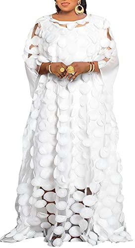 HD Abito da Donna Africano con Applicazioni Floreali, Scollo a Barchetta, in Chiffon, Taglia Unica, Punto Bianco, Taglia Unica