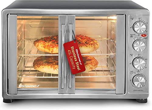 Elite Gourmet ETO4510MX French Door 47.5Qt, 18-Slice Convection Oven 4-Control Knobs, Bake Broil Toast Rotisserie Keep Warm, Includes 2 x 14 Pizza Racks, Stainless Steel