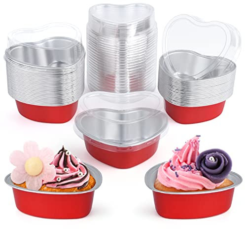 ELECLAND 50Set Red Heart Cake Pans 100ml Aluminum Foil Heart Shaped Cake Pan with Lids Dessert Baking Cup Liners Cupcake Containers for Valentines Wedding Christmas Birthday Mother's Day Party Decor