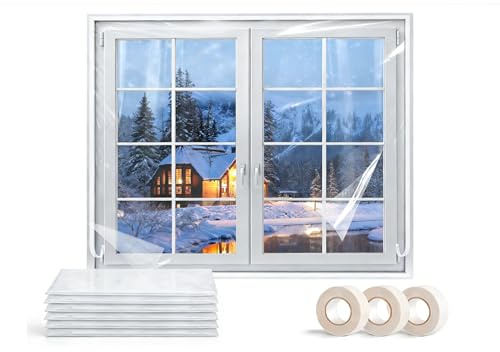 Nuanchu 6 Pieces Window Insulation Kit for Winter Total 47 x 756 Inch Plastic Window Coverings with Double Sided Interior Replacement Tapes, Winterizing Kit for Winter