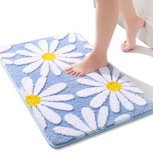 Alfombra de baño azul con flores blancas de 40x60 cm, alfombrillas de baño antideslizantes para baño, alfombra de baño de microfibra suave, tapete súper absorbente para sala de estar, ducha