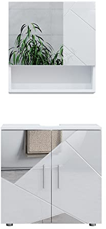 Vicco Set mobili bagno Irma, Bianco lucido con inserti, 80 cm | composto da specchio da bagno e mobile sottolavabo