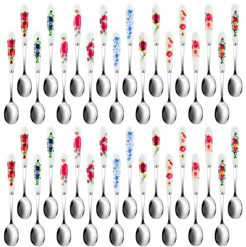 Hushee 36 cucharas de café de acero inoxidable de 6 pulgadas, mango de cerámica, cucharas de té, helado, postre, cucharas de sopa china, cuchara de azúcar, cuchara de flores reutilizable para el