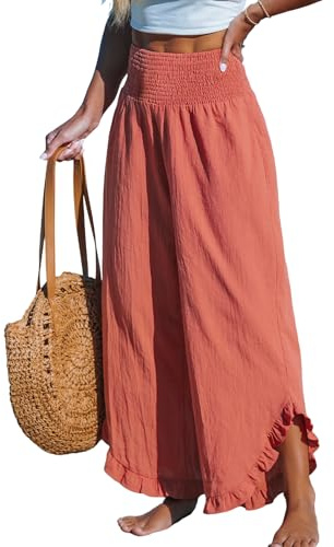 CUPSHE Women Pants Smocked Waist Straight Leg Ruffle Cuffs Loose Fit Pant Casual Beach,M Red