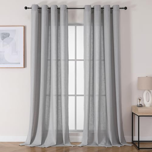 Joydeco Leinen Vorhänge Halbtransparent Wohnzimmer mit Ösen Gardinen Stores Leinenoptik Vorhang Modern Boho Ösenvorhang Ösenschal 2er Set 220x140cm (HxB) Grau Curtains für Schlafzimmer