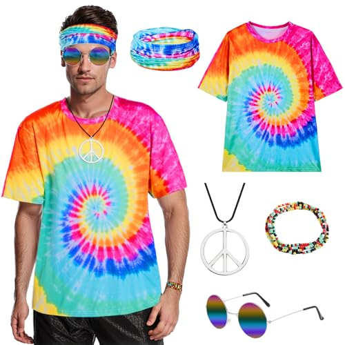 Puddry Hippie-Kostüm für Herren und Damen, Erwachsenenkostüm, Verkleidung 80er, 70er, 60er Jahre, Verkleidung für Karneval, Herren, Hippie T Shirt + Brille + Halskette + Stirnband + Armband Outfit
