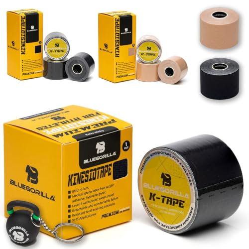 BLUEGORILLA Premium Kinesio tape, nastro sportivo kinesiologico, benda neuromuscolare, strisce adesive per fisioterapia, resistenti all'acqua e al sudore. Senza lattice. Portachiavi regalo (Nero, 1)