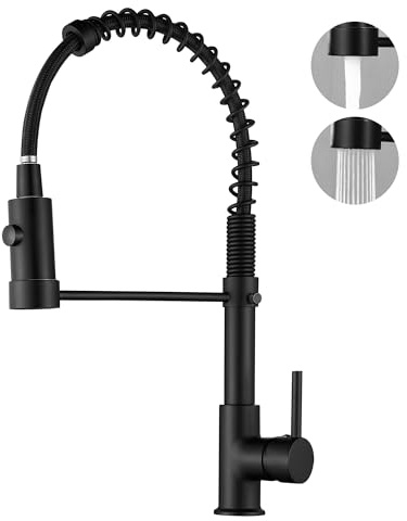 Grifo de Cocina Negro con Acabado Cepillado y Pulido, Tubo Flexible Giratorio 360°, Cabezal de Rociado de 2 Funciones e Instalación sobre Mesada,Negro