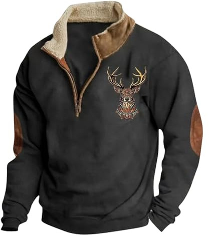 YOSUWOAI Sweat-shirt pour homme avec impression de cerf de chasse à 1/4 de boutonnage, manches longues, style pull, col montant vintage, coupe ample, pull d’hiver, pull de travail oversized, O Black