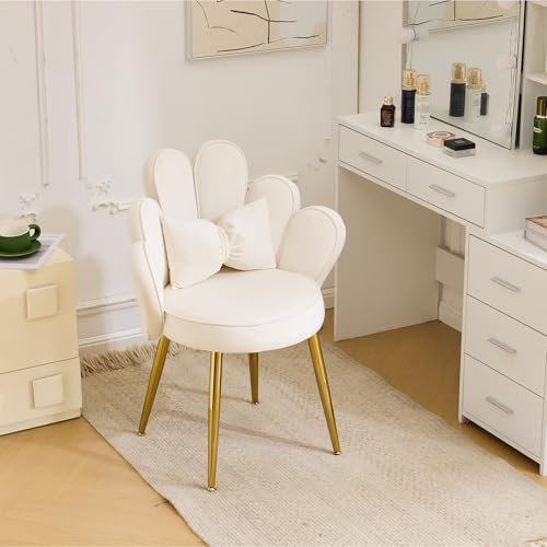 LEADZM Sessel Wohnzimmer, Schminktisch Stuhl Armlehnensessel Loungesessel Relaxsessel Lesesessel Akzentsessel Einzelsofa Schlafzimmer, mit Samtbezug Metallbeinen (Petal Rückenlehne, Weiß)