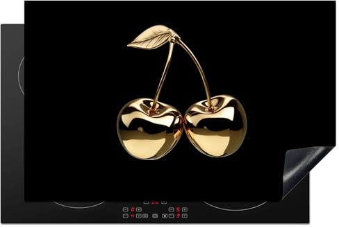 KitchenYeah© Herdabdeckplatte Einteilig Induktionsmatte Küche Abdeckung | 80.2x52.2 cm - Ceranfeld Herd Abdeckplatte Deko Vinyl Matte Aufrollbar Kirschen - Schwarz - Gold - Chrom