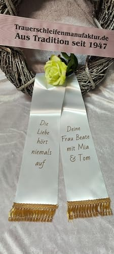 Trauerschleife Grabschleife Kranzschleife weiß nach Kundenwunsch Bedruckt (12,5 cm für EIN Gesteck oder Kranz) Satin