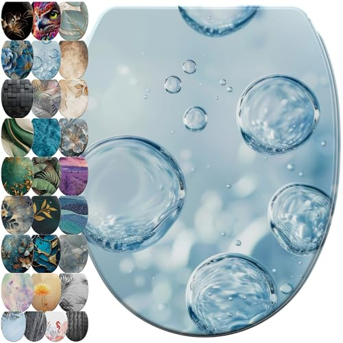 Sanilo WC Sitz mit Absenkautomatik & Quick-Release aus Holz, Bubbles | Toilettendeckel mit Soft-Close & Schnellverschluss, per Knopfdruck abnehmbar, einfache Montage von oben inkl. Schraubendreher