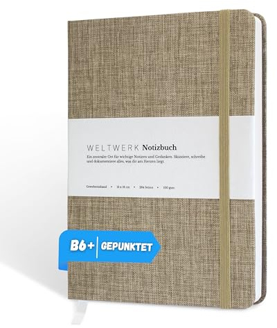 WELTWERK Anteckningsbok B6+ [Dotted, beige] högkvalitativ anteckningsbok med 100 g/m² papper, tygomslag och gummiband – litet anteckningsblock med 264 sidor för bullet journaling, skisser och