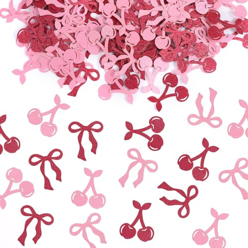 BOXOB 200pcs Cherry and Bow Confetti, Glitter Paper Confetti Decor Party Table Scatter for Birthday Bachelorette Baby Shower Wedding Table Decorations Sweet & Fruit Theme Party Supplies (Pink & Red)