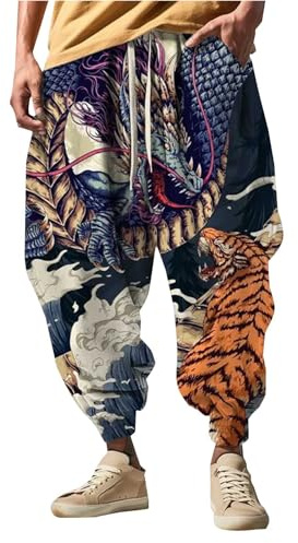 Herren-Hose, bedruckt, Hippie-Hose, ethnischer Drache, Anime, 3D-Druck, Trainingshose mit Druck, elastische Taille, Jogginghose, leicht, atmungsaktiv, Yogahose