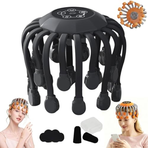 mivolu Head Massager, Anti-Stress 360° All-Round Electric Scalp Massager for Headaches & Migraine, Wireless Hands-Free Temple Massage Tool with 5 Modes & 20 Massage Heads, Smart Timing