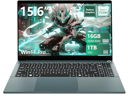 Ordinateur Portable 15,6 Pouces, AND Ryzen 5 7520H CPU, Win11 PC Portable 16Go RAM SSD 1TB, Graphique Radeon, Clavier Rétro-éclairé/Déverrouillage Empreinte, Type-C+Webcam+BT5.0+5000mAh Battery