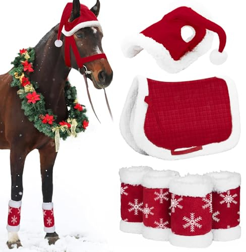 Costumi natalizi da indossare per cavalli, 6 pezzi/set Fasce per gambe da Babbo Natale con sella e cappello da Babbo Natale, Accessori per cavalli natalizi per feste