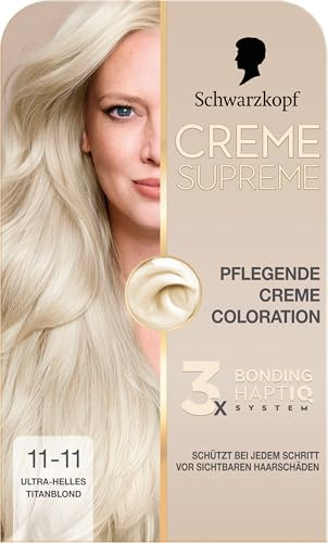 Schwarzkopf Creme Supreme Coloration 11-11 Ultra-Helles Titanblond (182 ml), dauerhafte Haarfarbe mit Serum und Haar-Maske schützt vor sichtbaren Haarschäden, für 100% Grauabdeckung