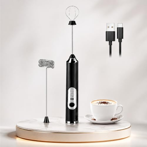 Leistungsstarker Premium 3-Gang Wiederaufladbarer Milchaufschäumer, Handheld Mini Elektrische Eier Getränkemixer Schaumbereiter mit 2 Edelstahl-Schneebesen, USB-Aufladung Kaffee Aufschäumer für Latte