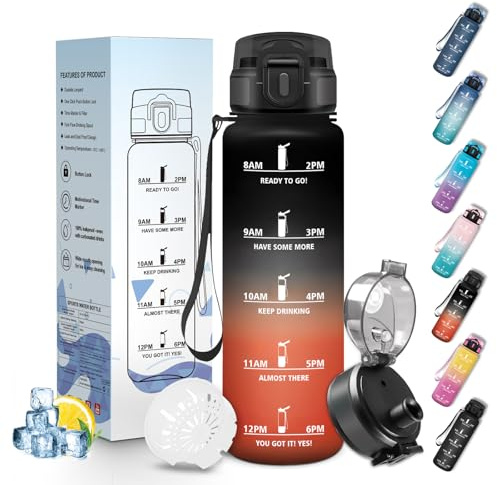 Mulbijeo Trinkflasche Sport, Auslaufsicher 500 ML, Wasserflasche, Zeitmarkierung und Motivierende, Trinkflasche Kohlensäure Geeignet Schwarz & Rot