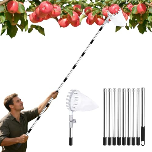 Garqitwan fruktplockare med teleskophandtag 4,1 m, äppelplockare med justerbart huvud och bomullspåse, fruktsamlare diameter 16 cm för körsbär, äpplen, plommon, päron, körsbärsplockare