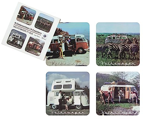 BRISA VW Collection - T1 Bulli Bus Getränke Untersetzer Dekoration 4er Set | Volkswagen Abstellteller Bierdeckel für Gläser & Tassen, Wiederverwendbar Saugfähig, Kork mit MDF Beschichtung, Scenerie/Bunt