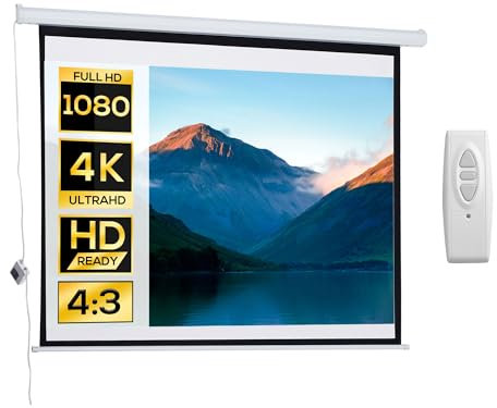 HOMCOM Écran vidéoprojecteur 84 Pouces, 4:3 4K HD écran de Projection motorisé et électrique, écran de Projection TV et Home cinéma, Montage Mural ou Plafond, Panneau de Commande et télécommande