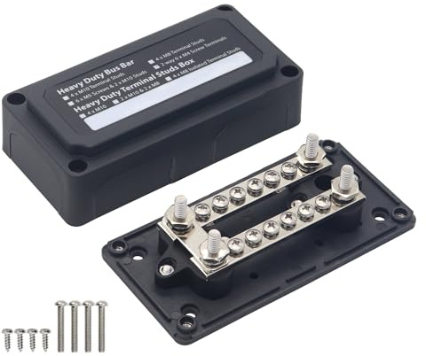 T Tocas Sammelschiene 12V - 48V DC 100A, Heavy-duty Bus Bar mit 12x M4 Schrauben und 4x M6-Anschlussbolzen Klemmleisten, 100 Amp Sammelschienen M6 Busbar Batterie Verteiler, Schwarz
