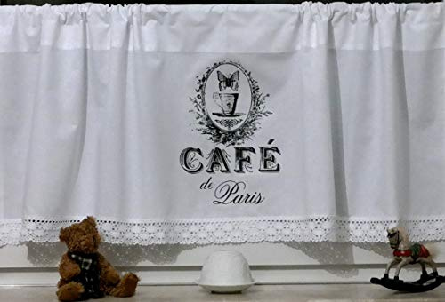 Leinenshop24 Bistrogardine Kurzgardine Weiß Bild Cafe de Paris mit Spitze 100% Baumwolle 140 x 45 cm Landhaus Shabby Retro French Vintage