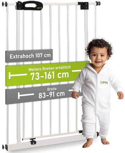 BOMI Kindertreppen Gitter Merle | Extra Hoch 107 cm | Ohne Bohren | Baby Gitter weiss Katzengitter | Kindertreppenschutzgitter Tür und Treppenschutzgitter zum Klemmen | Breite: 83-91 cm