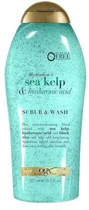 OGX Hydration + Sea Kelp & Hyaluronic Acid Sulfate-Free Lightly Moisturizing Body Scrub with Black Rice, Gentle Exfoliating Daily Body Wash to Soften & Smooth Skin, 19.5 Fl Oz