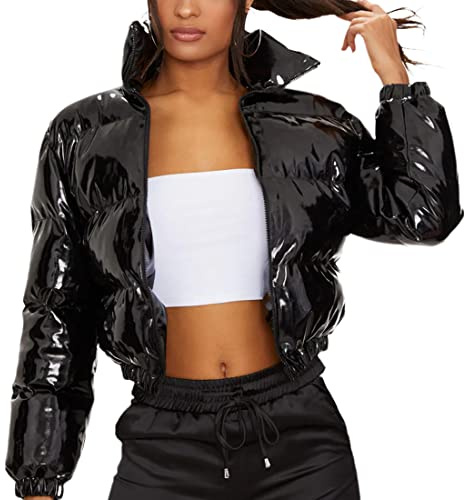 Uaneo Damen Cropped-Puffer-Jacke, Winter, glänzend, Reißverschluss, kurze Blase Down Mäntel, schwarz, Large