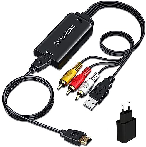 AMANKA 1080P AV a HDMI Adattatore, 3RCA a HDMI Audio/Video Cavo Converter Composito CVBS con Cavo HDMI e Cavo di Ricarica USB Supporto PAL/NTSC, per XBOX TV DVD PAL PS3 PC VCR ecc【Nero】