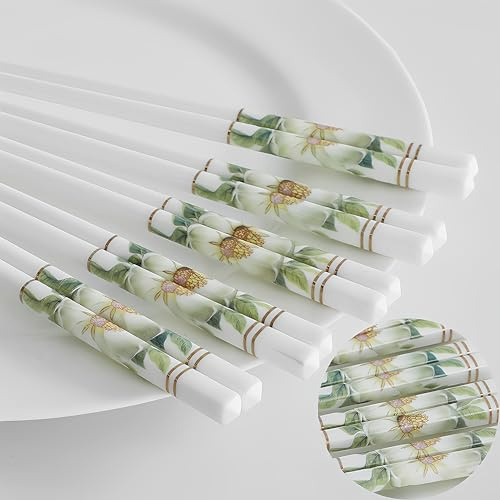 Set di 5 bacchette in ceramica in porcellana cinese, riutilizzabili, ottimo ricambio di bacchette in bambù/legno, 22,7 cm (camelia dorata)
