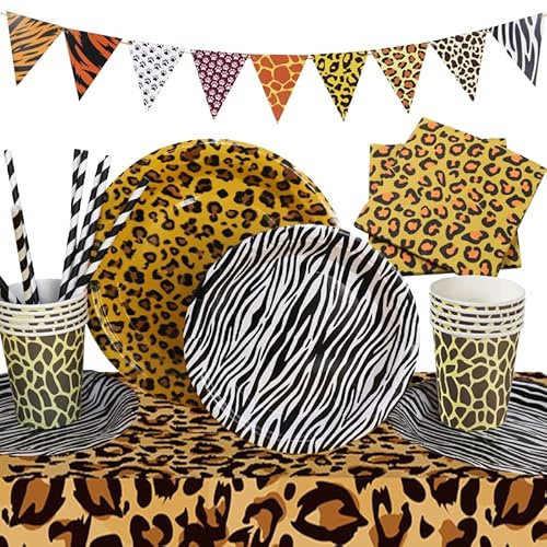 YiiiGoood 52 Stk. Safari Partygeschirr Leopard Tischdecke, Pappteller, Servietten, Waldtiere Pappbecher und Girlande Kindergeburtstag Dekoration Dschungel Deko Leoparden Geburtstagsdeko