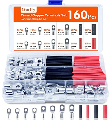 Gorffy Battery Terminal Connectors 160PCS, Tinned Copper with Sleeves | 80 Cable Lugs + 80 Sleeves, Bolt Hole Crimp Battery Cable Connectors, for Electric with Auto Applications
